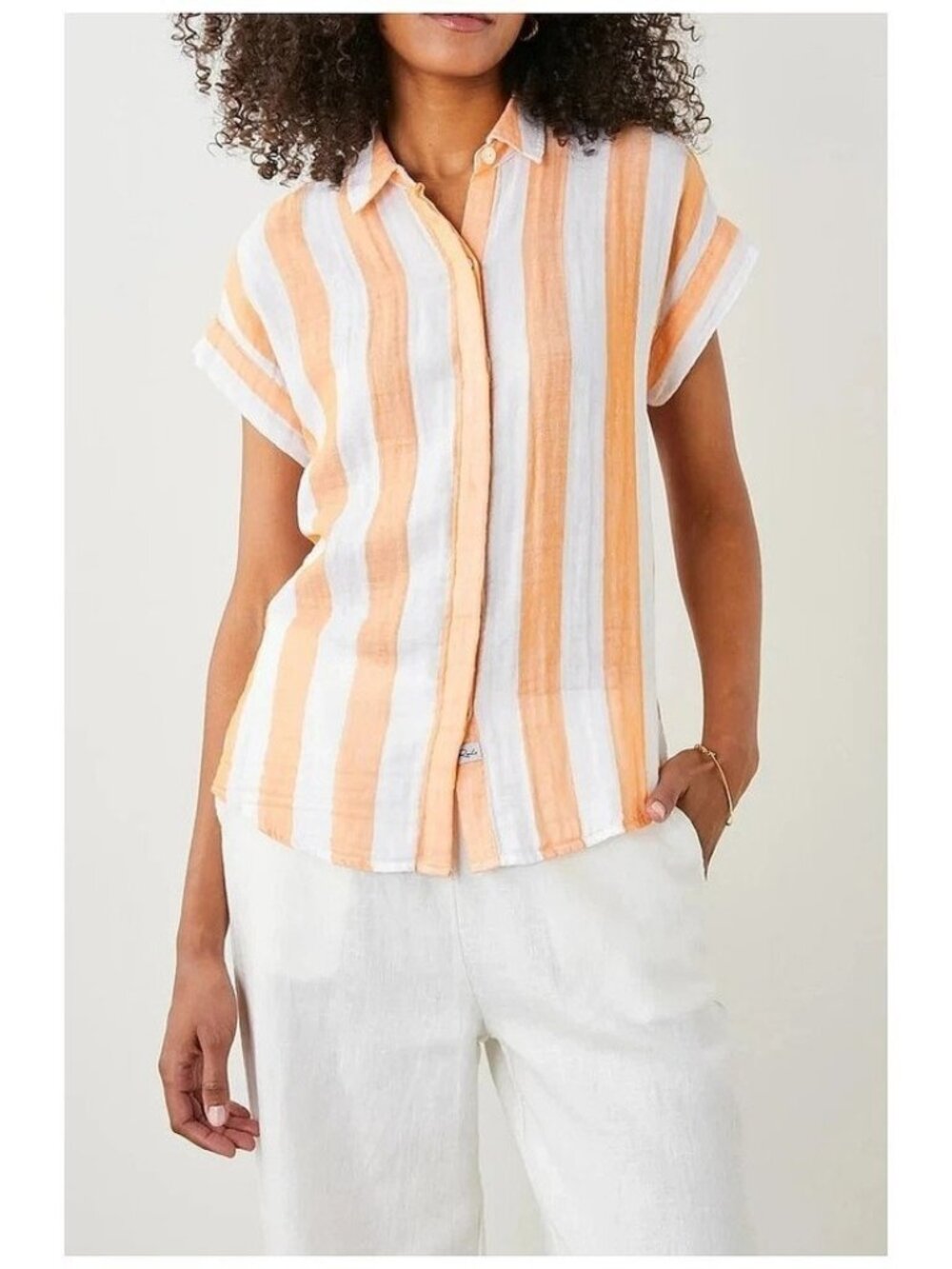 Rails Jamie Ortona Stripe Shirt Womens Small Orange Short Sleeve Button Up Boxy